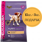 Eukanuba Puppy & Junior All breed lamb & rice  - Суха храна за кучета с агнешко и ориз, вземи 15 кг. + 3 кг. ПОДАРЪК